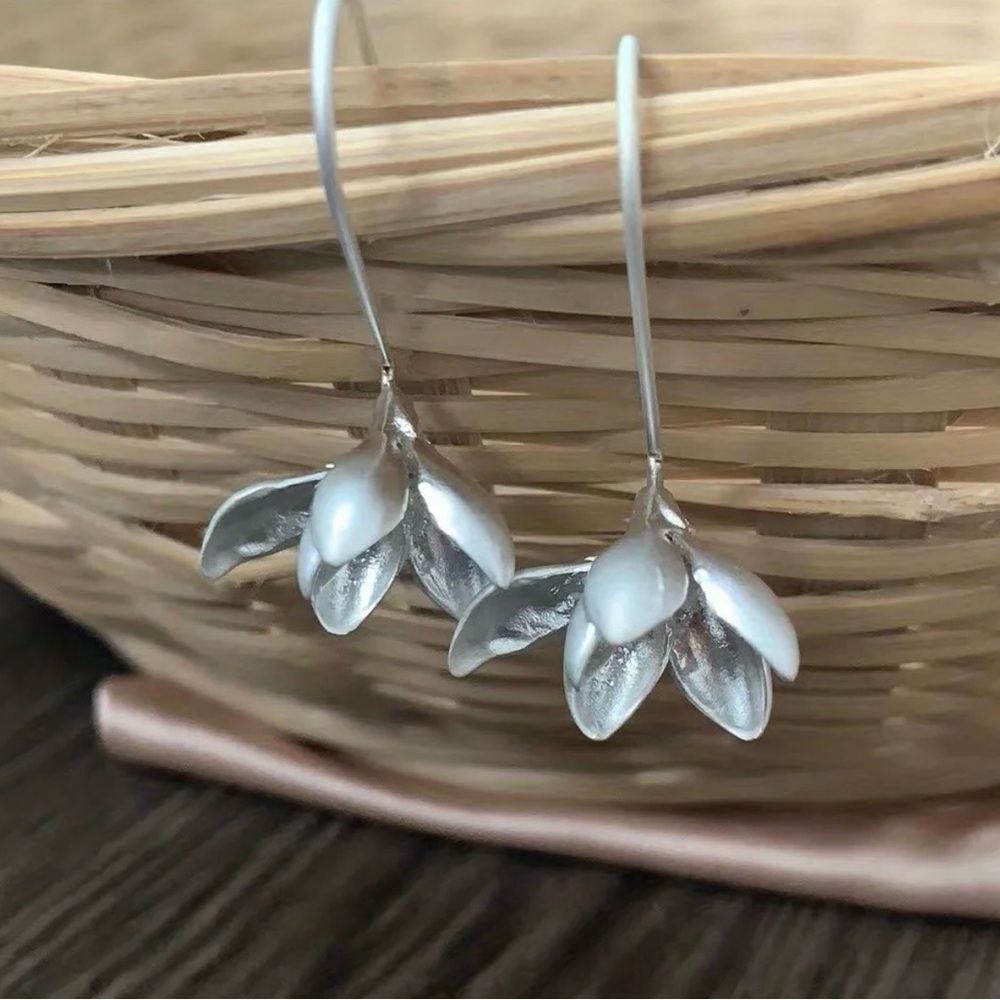 “Blodeuwedd” Orchid Flower Sculpted Feminine Silver Ear Pin Hook Threader Dangle - Picture 10 of 16